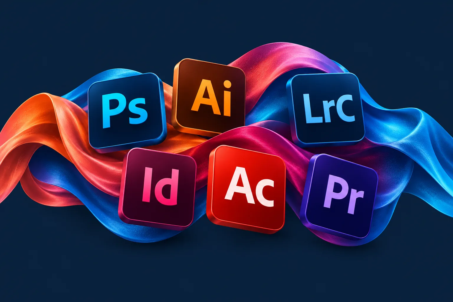 Az Adobe Kollekció hat alkalmazása: Photoshop, Illustrator, Lightroom Classic, InDesign, Acrobat és Premiere Pro.