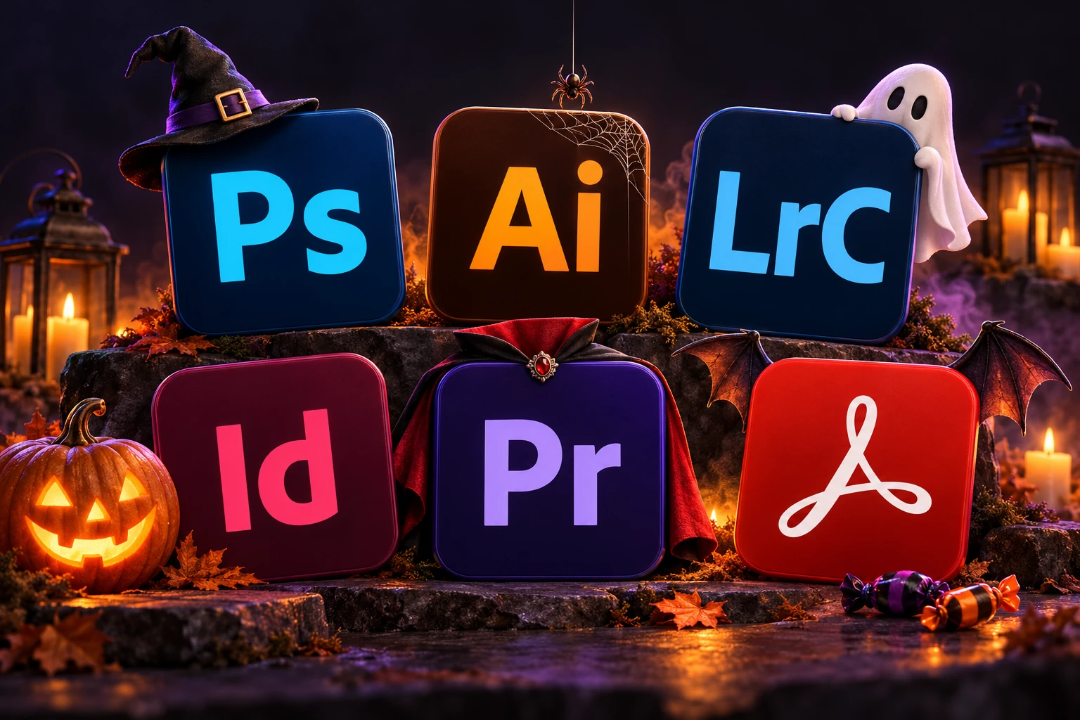 Photoshop, Illustrator, Lightroom Classic, InDesign, Premiere Pro és Acrobat emblémák játékos Halloween-jelmezben: boszorkánykalappal, szellemmel és vámpírköpennyel.