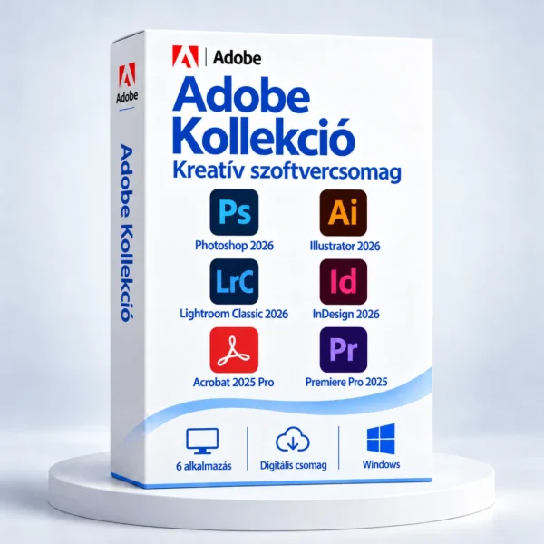 Adobe Kollekció Windows-csomag: Photoshop 2026, Illustrator 2026, Lightroom Classic 2026, InDesign 2026, Acrobat 2025 Pro és Premiere Pro 2025.